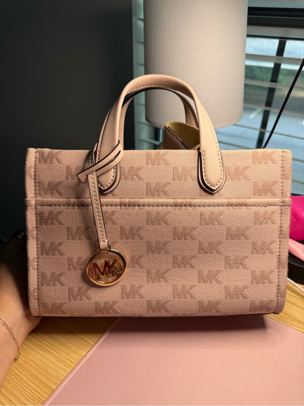 Michael Kors Blush Pink MK Logo Satchel with Gold Charm